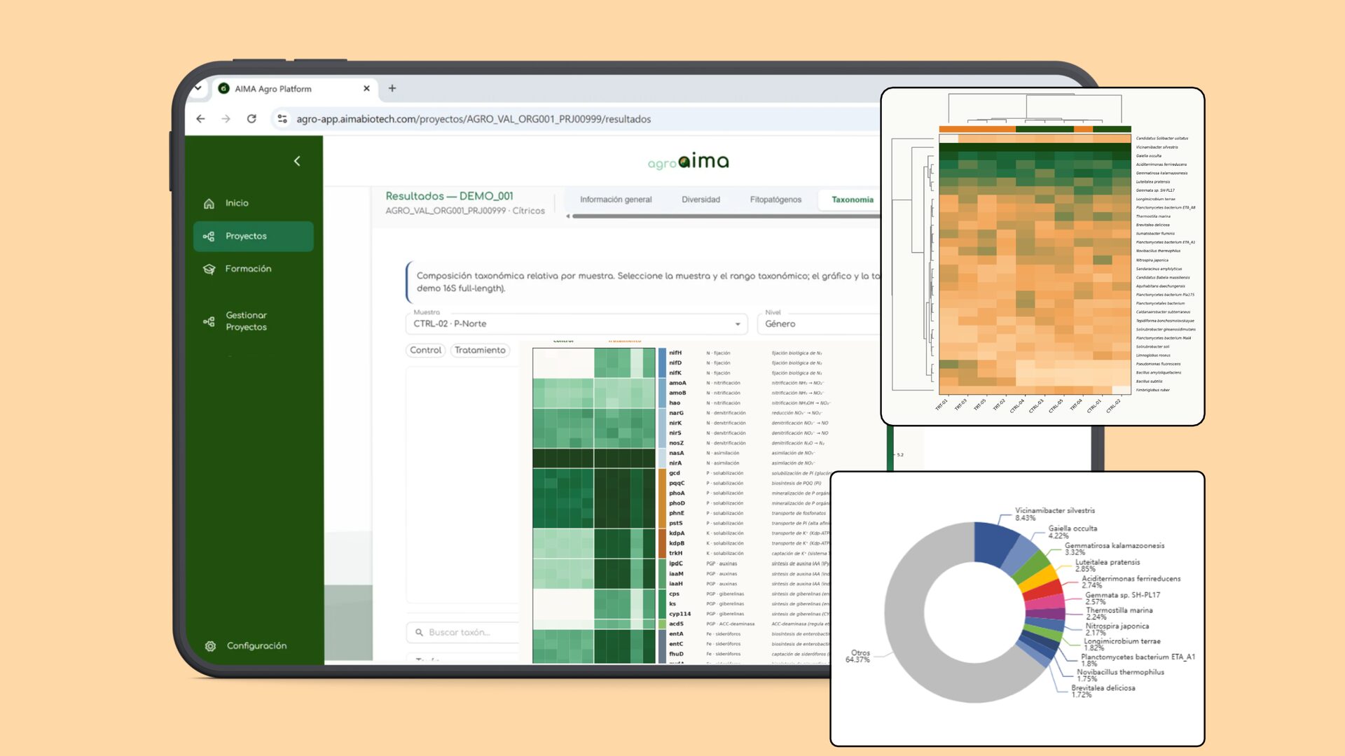 Interfaz de la plataforma AIMA Agro: resultados, heatmaps e informes